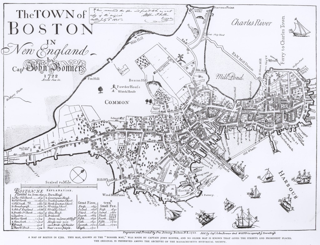 1722 Map of Boston by John Bonner