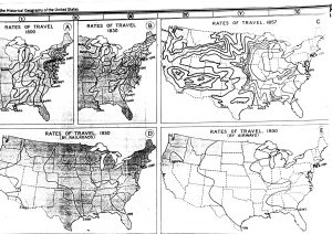 A series of Isochronic Map of the United States. Each map shows the time it would take to travel to any point in the country from New York over the course of two centuries. 